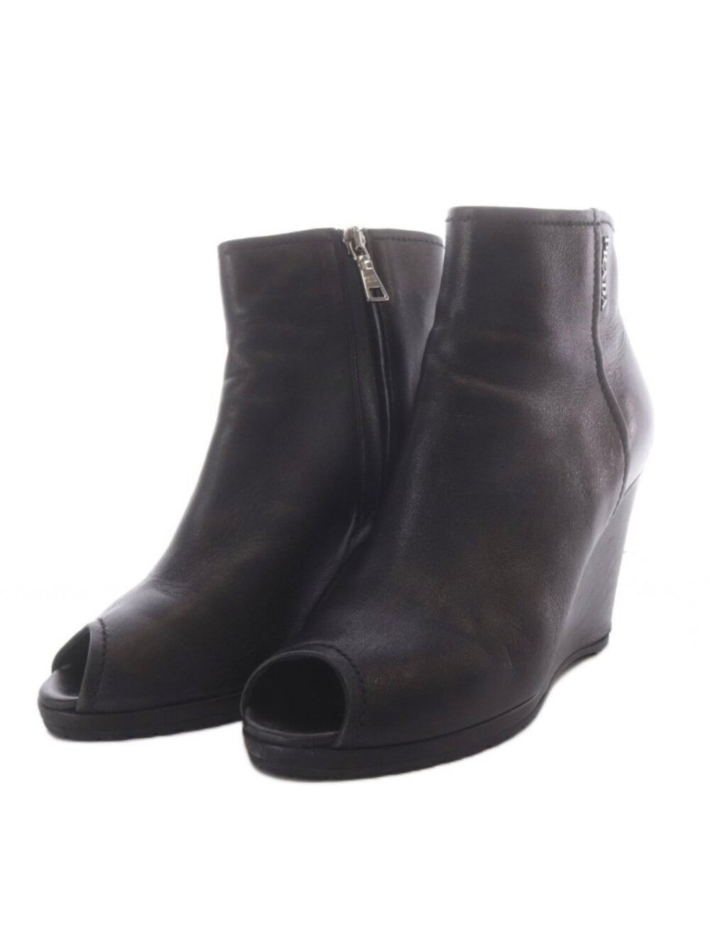 Prada Sport Boots Short Open Toe Wedge Sole Logo Leather Black